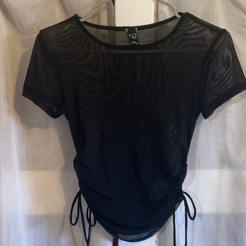 Black Sheer Drawstring Short Sleeve Top -  Women